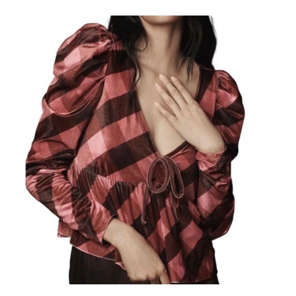 Maeve Anthropologie Velvet Pink Puff Shoulders Blouse Size S